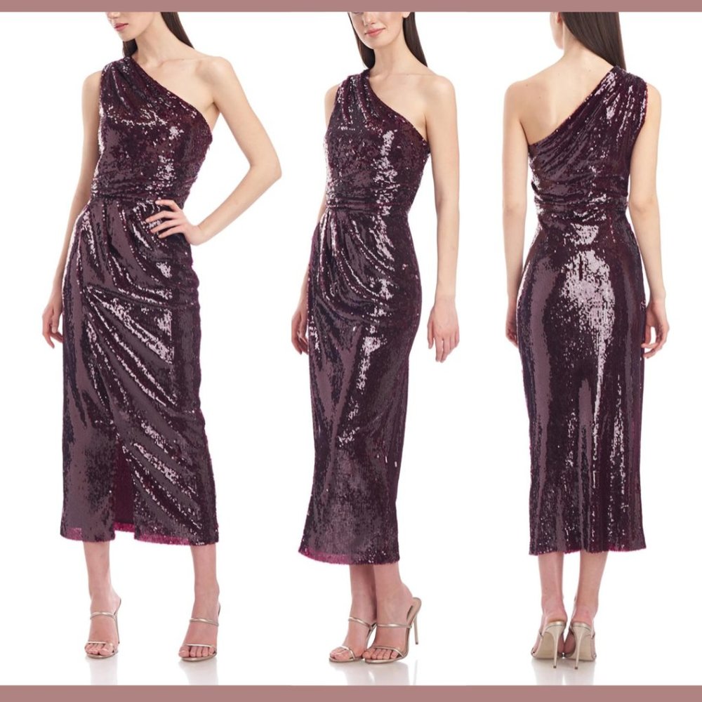 NEW $378 Kay Unger [ 10 ] Alexia One Shoulder Sequin Midi Dress in Oxblood #Q380